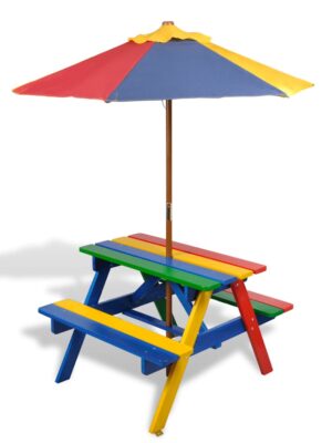 Kids' Picnic Table with Benches and Parasol Multicolour Wood