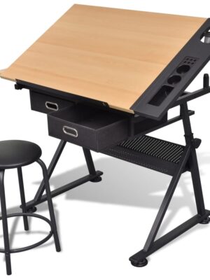 Two Drawers Tiltable Tabletop Drawing Table with Stool