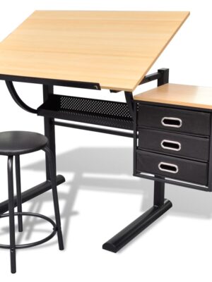 Three Drawers Tiltable Tabletop Drawing Table with Stool