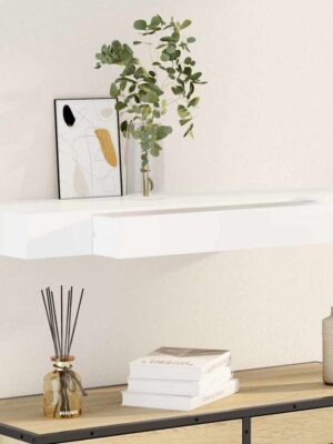 White MDF Floating Wall Display Shelf 1 Drawer Book/DVD Storage