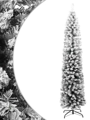 Slim Artificial Christmas Tree with Flocked Snow Green 240 cm PVC