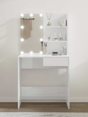 Dressing Table with LED High Gloss White 74.5x40x141 cm