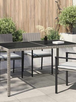 Garden Table 150x90x75 cm Tempered Glass and Poly Rattan Grey