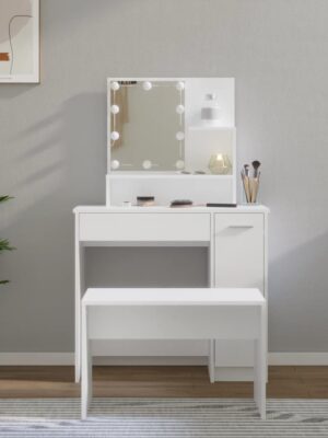 Dressing Table Set with LED White Engineered Wood