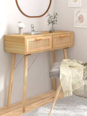 Console Table Brown 80x30x75 cm Solid Wood Pine&Natural Rattan
