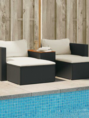 5 Piece Garden Sofa Set with Cushions Black Poly Rattan Acacia
